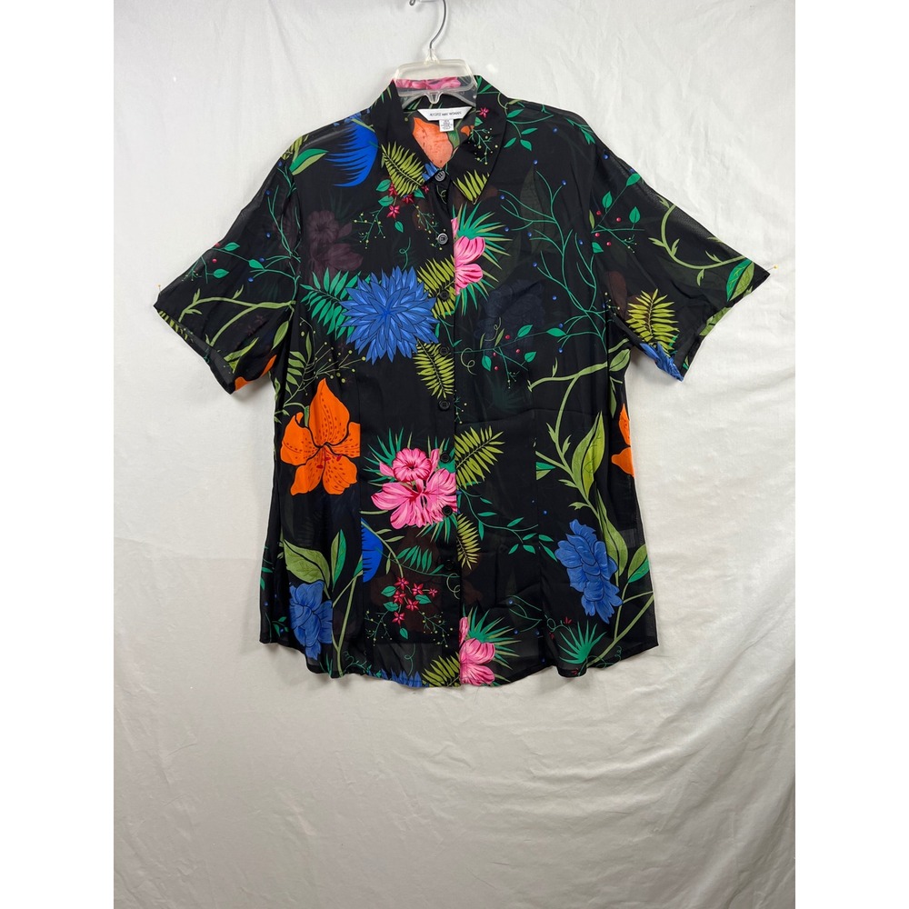 August Max Woman Blouse 18W Black Tropical Floral Rayon Button Sheer Resortcore